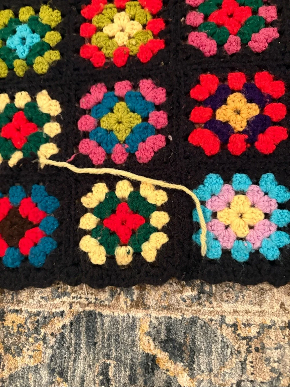 Vintage Granny Square Afghan Hand Crochet Multi-Color Black Blanket 81x51” Twin?